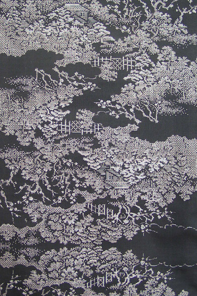 タテヨコ織り泥染め割込（山水情景）